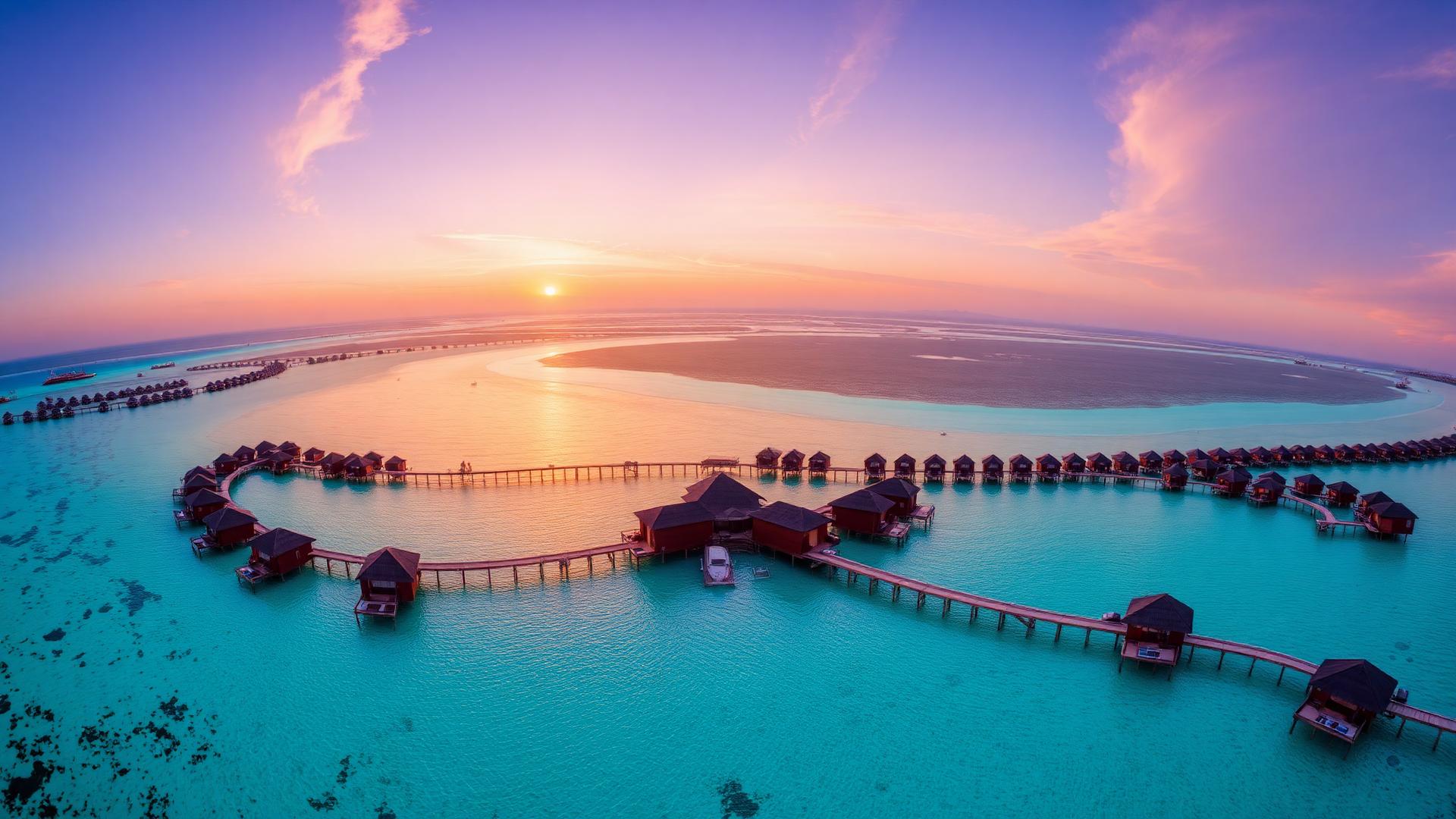 Maldives overwater villas at sunset